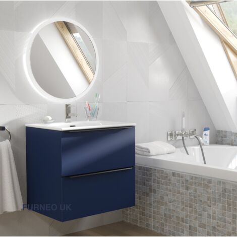 Furneo Bathroom Vanity Unit Floating Storage Basin Blueberry Matt 2-Drawer 60cm With Matt Black Handle