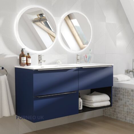 Furneo Bathroom Vanity Unit Floating Storage Basin Blueberry Matt 3-Drawer 120cm With Chrome Handle