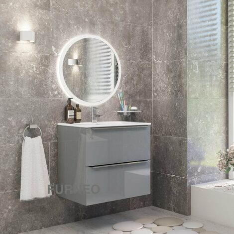 Furneo Bathroom Vanity Unit Floating Storage Basin Gloss Grey 2-Drawer 60cm With Chrome Handle