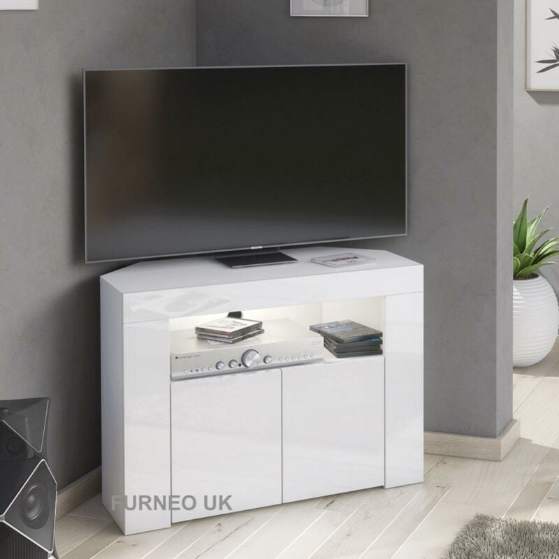 Furneo - Corner tv Stand Unit Cabinet Matt & High Gloss Clifton07 White led Lights