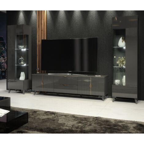 Furneo Grey Living Room Set TV Stand Display Cabinets High Gloss & Matt Azzurro10/12G White LED Lights