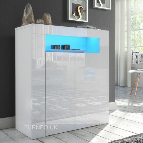 Furneo High Gloss & Matt White 2-door Sideboard Cabinet Cupboard Unit Clifton01 Blue LED Lights