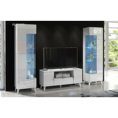 Furneo High Gloss & Matt White Living Room Set TV Stand Display Cabinets Azzurro8/12 Blue LED Lights