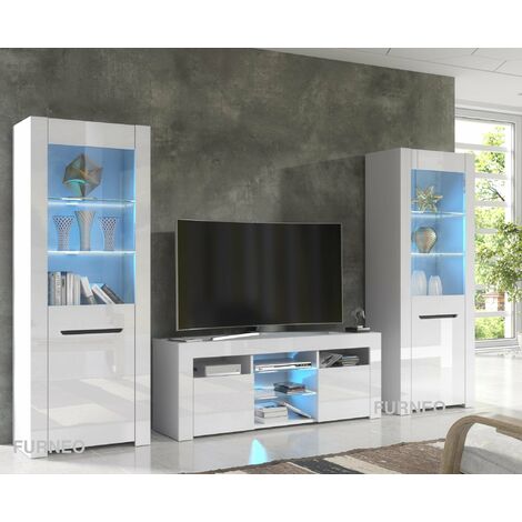 Furneo High Gloss & Matt White Living Room Set TV Stand Display Cabinets MilanoW Blue LED Lights