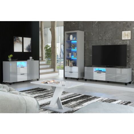 Furneo Living Room Set TV Stand Display Cabinet Sideboard Coffee Table Grey White High Gloss Matt Blue LED Lights Enzo 2/14/16/18
