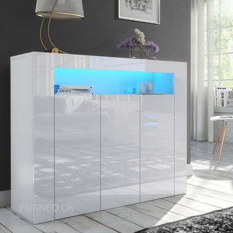 Furneo Matt & High Gloss White 3-door Sideboard Cabinet Cupboard Unit Clifton04 Blue LED Lights