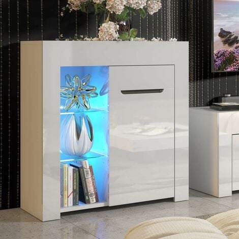 Furneo Matt & High Gloss White Cabinet Cupboard Sideboard Unit Milano10 Blue LED Light