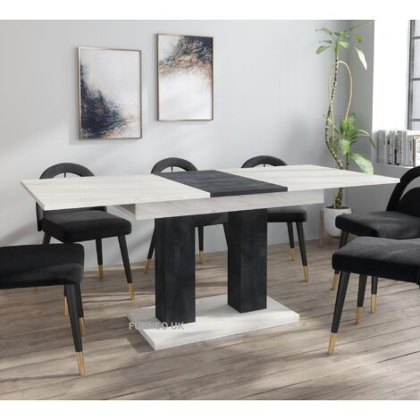 Furneo Modern Dining Table Extendable 140-180cm White Marble & Black Concrete Effect Theo 05