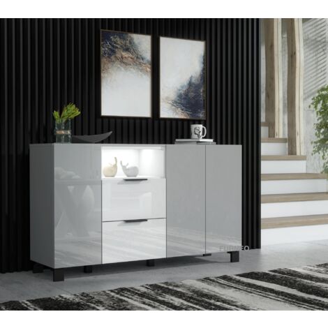 Furneo Sideboard Grey White High Gloss Matt Cabinet Cupboard Unit White LED Lights Enzo 16