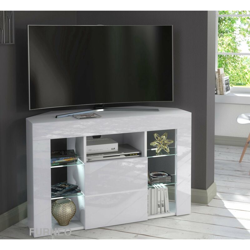Furneo - Venico02 White Corner tv Stand 100cm Matt & High Gloss White led Lights