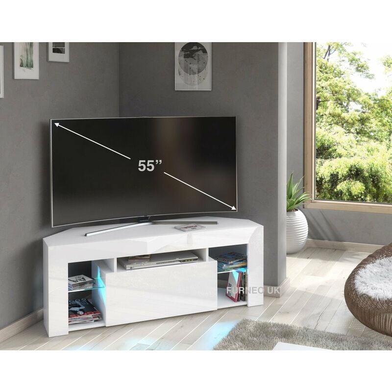 Furneo - White Corner tv Stand 125cm Unit Cabinet Matt & High Gloss Milano05 Blue led Lights