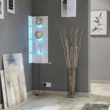 Furneo White Floating Display Cabinet Wall Unit Shelf High Gloss & Matt Clifton09 Blue LED Lights