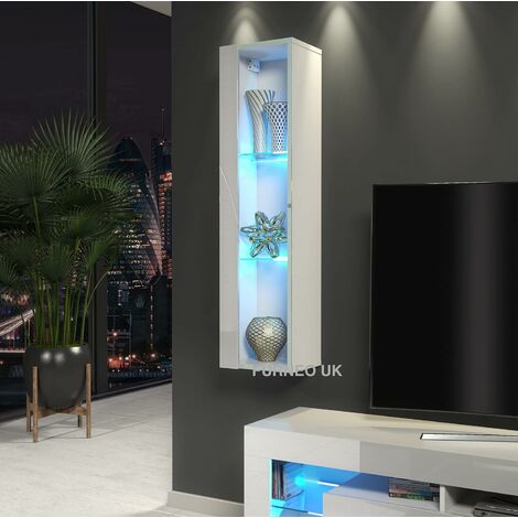 Furneo White Glass Floating Display Cabinet Tall Wall Unit Art01 Blue LED Lights