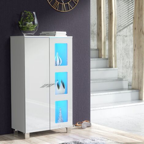 Furneo White Sideboard Cabinet Modern High Gloss & Matt Cupboard Blue LED Lights Mia 02