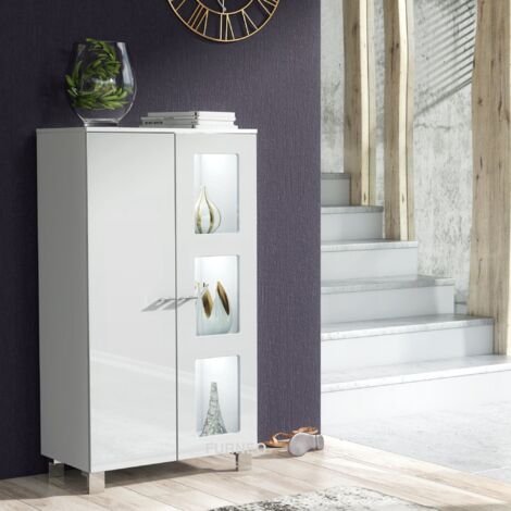 Furneo White Sideboard Cabinet Modern High Gloss & Matt Cupboard White LED Lights Mia 02