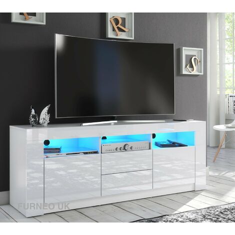 Furneo White TV Stand 160cm Unit Cabinet Matt & High Gloss Clifton18 Blue LED Lights