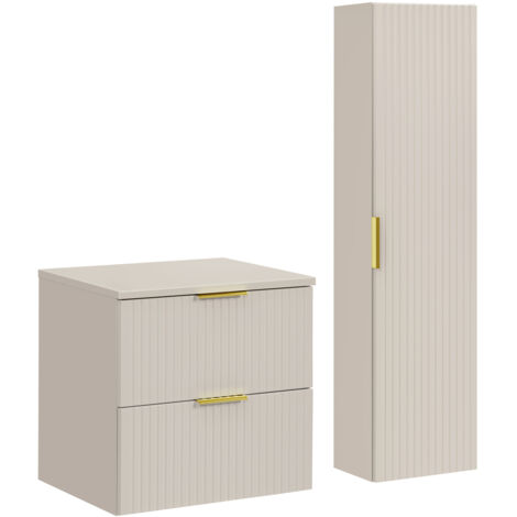 Furnidea - Ensemble ADEL CACHEMIRE meuble suspendu sous vasque avec plan 60 cm et colonne 35 x 140 cm - façades rainurées