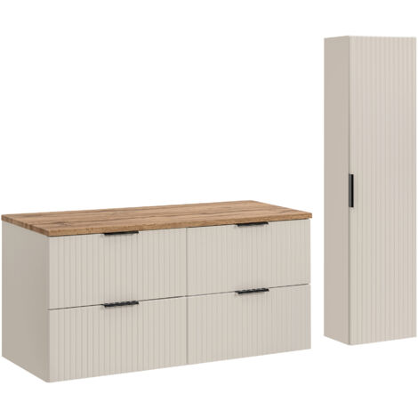 Furnidea - Ensemble ADEL CACHEMIRE meuble suspendu sous vasque avec plan chêne 120 cm et colonne 35 x 140 cm - façades rainurées