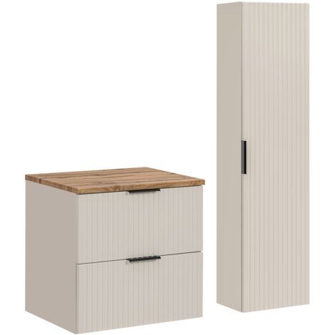 Furnidea - Ensemble ADEL CACHEMIRE meuble suspendu sous vasque avec plan chêne 60 cm et colonne 35 x 140 cm - façades rainurées