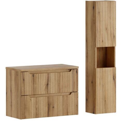 Furnidea - Ensemble meuble suspendu sous vasque 80 cm avec plan et colonne 30 x 140 cm NOVA chêne Coast Evoke