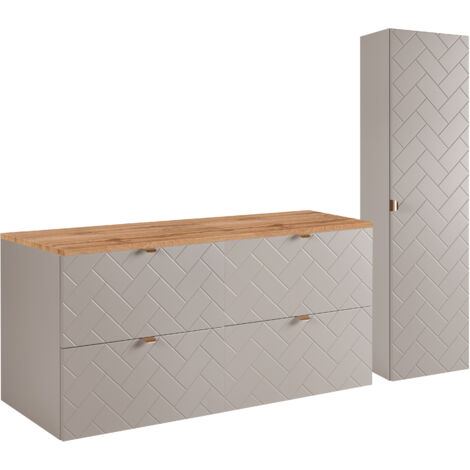 Furnidea - Ensemble un meuble sous vasque 120 cm avec le plan CHÊNE et une colonne 35/136 cm à suspendre MADIS CACHEMIRE - façades motif chevron