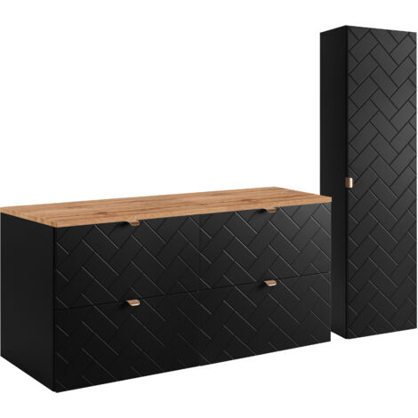 Furnidea - Ensemble un meuble sous vasque 120 cm avec le plan CHÊNE et une colonne 35/136 cm à suspendre MADIS NOIR - façades motif chevron
