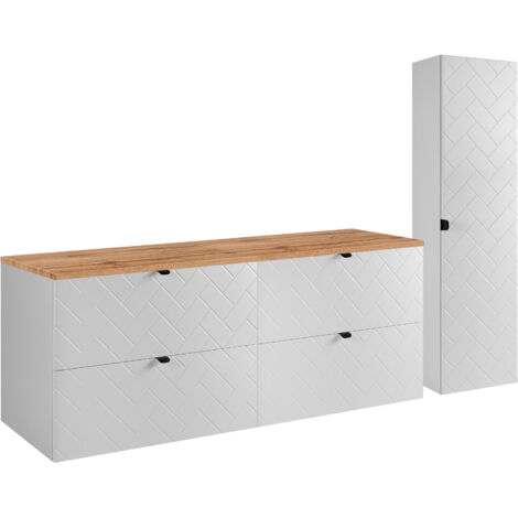 Furnidea - Ensemble un meuble sous vasque 160 cm avec le plan CHÊNE et une colonne 35/136 cm à suspendre MADIS BLANC - façades motif chevron