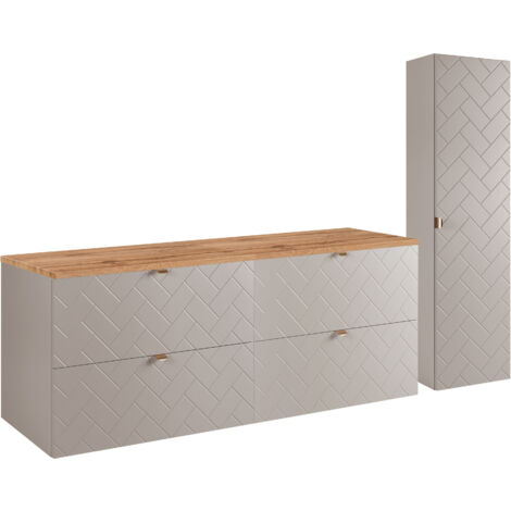 Furnidea - Ensemble un meuble sous vasque 160 cm avec le plan CHÊNE et une colonne 35/136 cm à suspendre MADIS CACHEMIRE - façades motif chevron