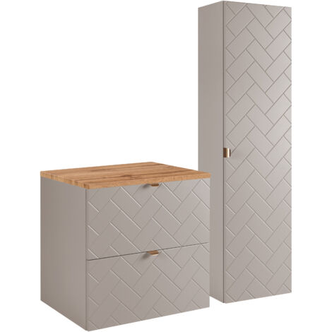 Furnidea - Ensemble un meuble sous vasque 60 cm avec le plan CHÊNE et une colonne 35/136 cm à suspendre MADIS CACHEMIRE - façades motif chevron