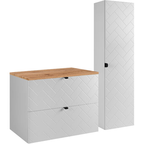 Furnidea - Ensemble un meuble sous vasque 80 cm avec le plan CHÊNE et une colonne 35/136 cm à suspendre MADIS BLANC - façades motif chevron