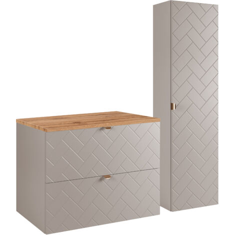 Furnidea - Ensemble un meuble sous vasque 80 cm avec le plan CHÊNE et une colonne 35/136 cm à suspendre MADIS CACHEMIRE - façades motif chevron