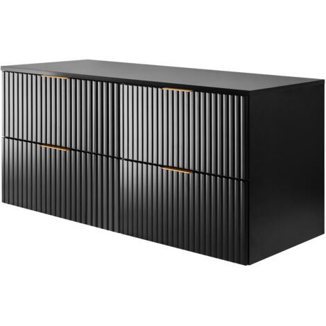 Furnidea - Meuble à suspendre FLOW couleur noir avec le plan 120 cm - 4 tiroirs - façades rainurées