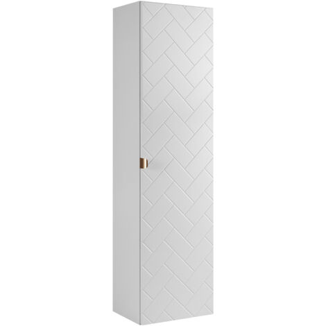 Furnidea - Meuble colonne suspendu de salle de bain MADIS BLANC 35 X 136 cm G - façades motif chevron, design moderne