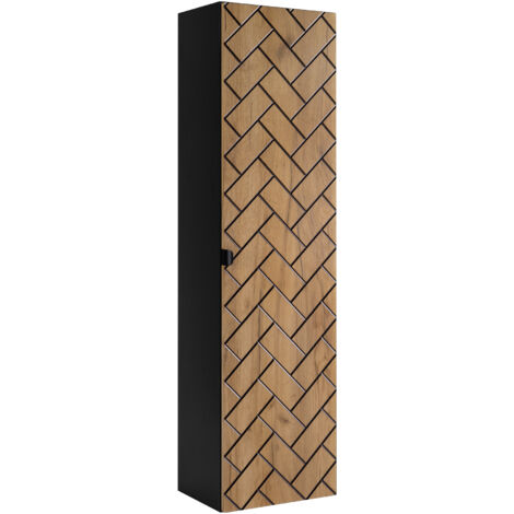 Furnidea - Meuble colonne suspendu de salle de bain MADIS CHÊNE 35 X 136 cm B - façades motif chevron, design moderne