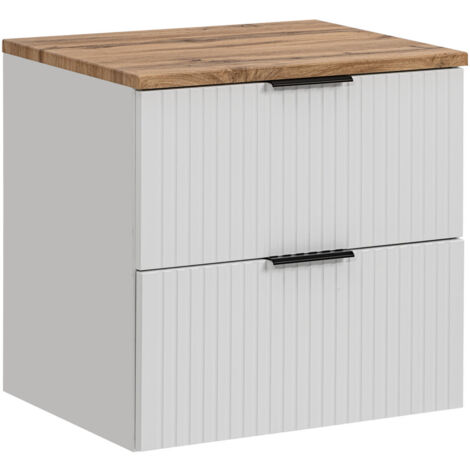 Furnidea - Meuble de salle de bain suspendu sous vasque ADEL BLANC avec plan CHÊNE 60 cm - 2 tiroirs - Façades rainurées
