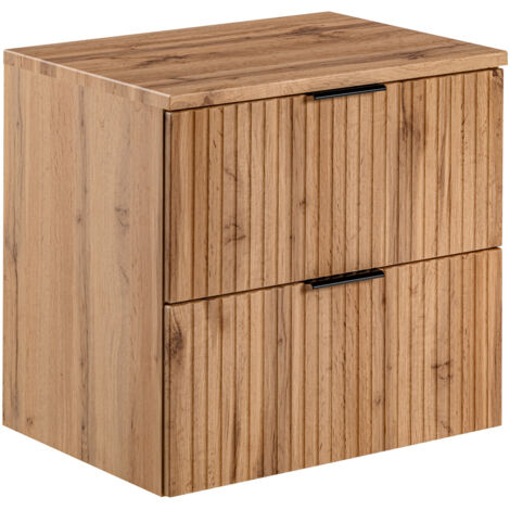 Furnidea - Meuble de salle de bain suspendu sous vasque avec plan ADEL CHÊNE 60 cm - 2 tiroirs - Façades rainurées