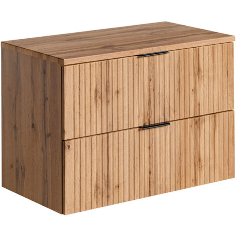 Furnidea - Meuble de salle de bain suspendu sous vasque avec plan ADEL CHÊNE 80 cm - 2 tiroirs - Façades rainurées