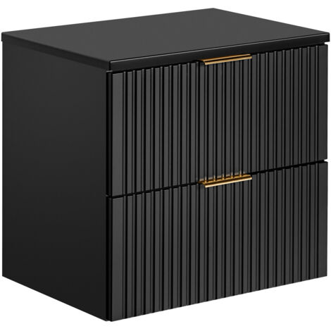 Furnidea - Meuble de salle de bain suspendu sous vasque avec plan ADEL NOIR 60 cm - 2 tiroirs - Façades rainurées