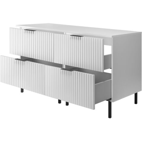 Furnidea - Meuble sous double vasque avec plan sur pieds FLOW blanc 120 cm - 4 tiroirs - façades rainurées