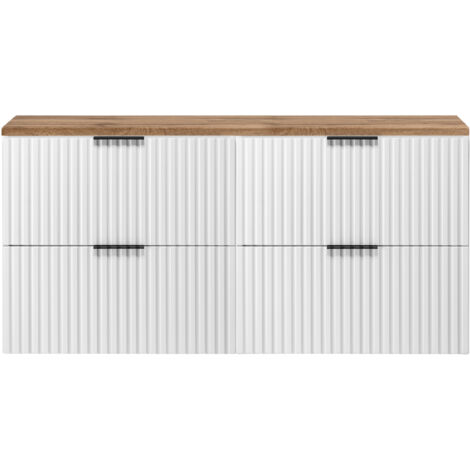 Furnidea - Meuble sous vasque à suspendre FLOW blanc avec le plan chêne wotan 120 cm - 4 tiroirs - façades rainurées