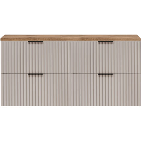 Furnidea - Meuble sous vasque à suspendre FLOW cachemire avec le plan chêne wotan 120 cm - 4 tiroirs - façades rainurées