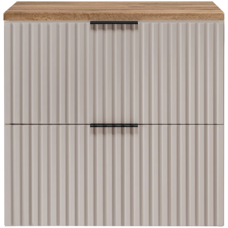 Furnidea - Meuble sous vasque à suspendre FLOW cachemire avec le plan chêne wotan 60 cm - 2 tiroirs - façades rainurées