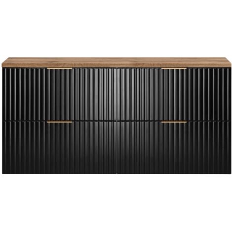 Furnidea - Meuble sous vasque à suspendre FLOW noir avec le plan chêne wotan 120 cm - 4 tiroirs - façades rainurées