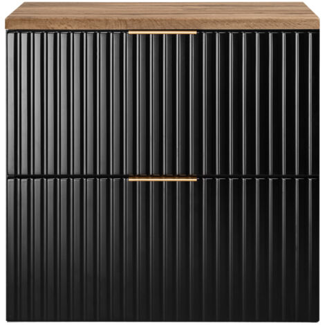 Furnidea - Meuble sous vasque à suspendre FLOW noir avec le plan chêne wotan 60 cm - 2 tiroirs - façades rainurées