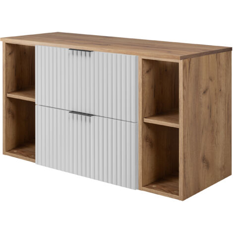 Furnidea - Meuble sous vasque FLOW BLANC 100 cm avec 2 x l'étagères - extensions et plan CHÊNE - 2 tiroirs - façades rainurées