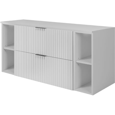 Furnidea - Meuble sous vasque FLOW BLANC 120 cm avec 2 x l'étagères - extensions et plan - 2 tiroirs - façades rainurées