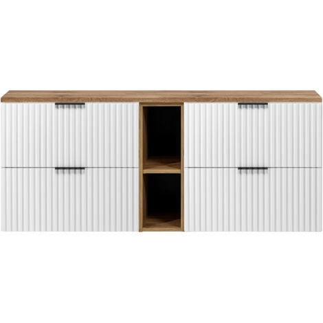 Furnidea - Meuble sous vasque FLOW BLANC 140 cm avec l'étagère - extension et plan chêne - 4 tiroirs - façades rainurées