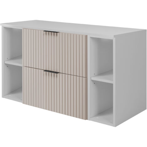 Furnidea - Meuble sous vasque FLOW CACHEMIRE 100 cm avec 2 x l'étagères - extensions et plan BLANC - 2 tiroirs - façades rainurées
