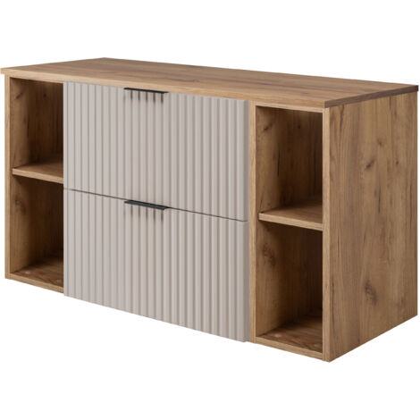 Furnidea - Meuble sous vasque FLOW CACHEMIRE 100 cm avec 2 x l'étagères - extensions et plan CHÊNE - 2 tiroirs - façades rainurées
