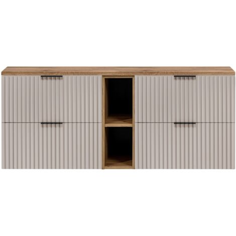 Furnidea - Meuble sous vasque FLOW CACHEMIRE 140 cm avec l'étagère - extension et plan chêne - 4 tiroirs - façades rainurées